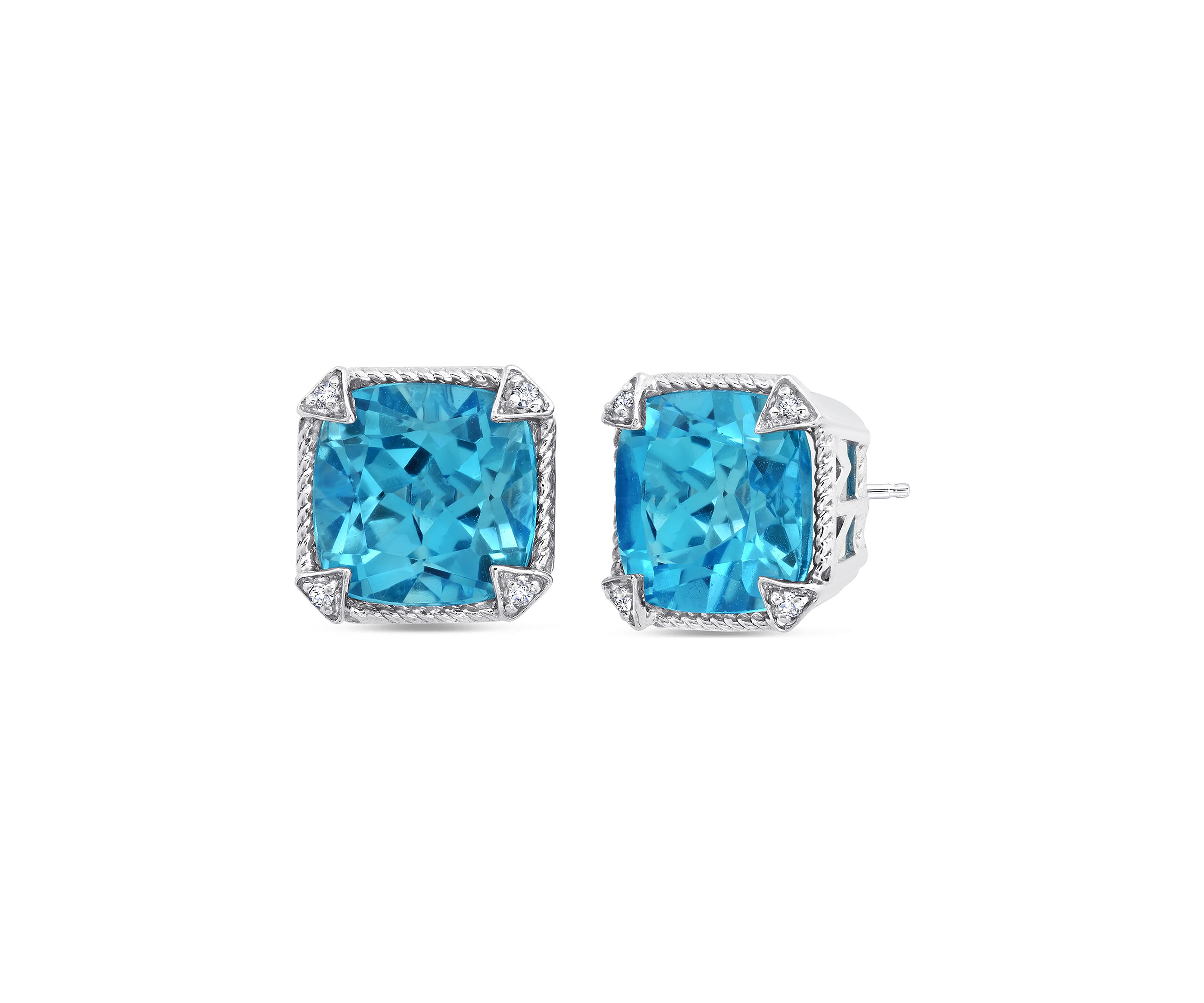 Sterling Silver 10 Millimeter 8 ct. t.w. Triangular CZ Prong with Roped Border Cushion-Cut Blue Topaz Stud Earrings