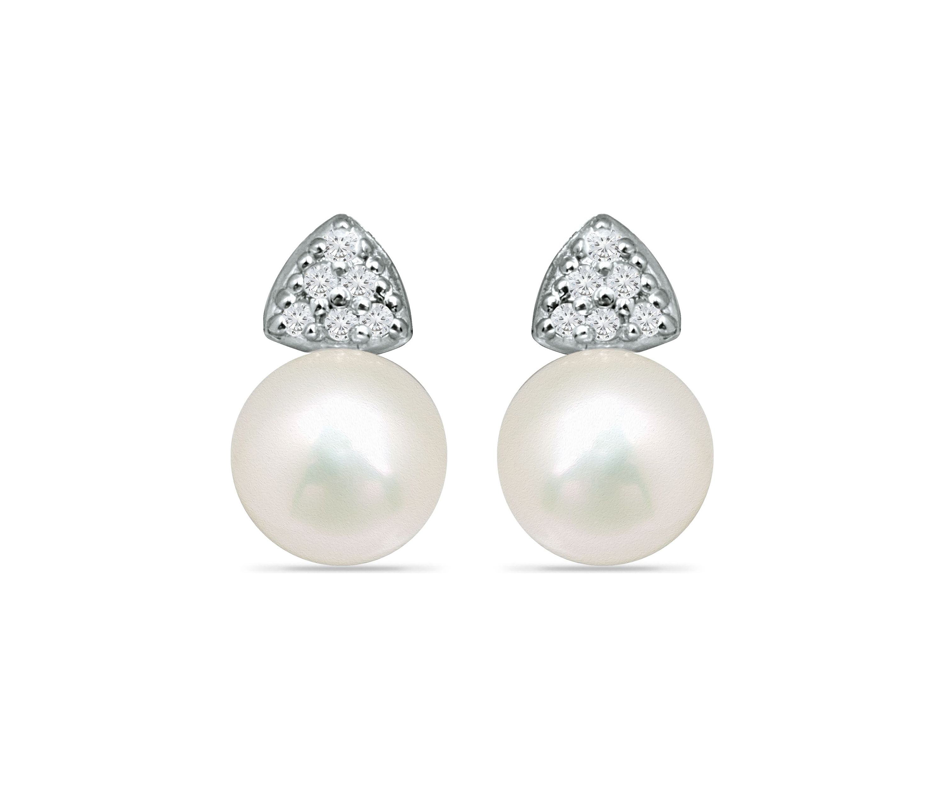 1/10 ct. t.w. Diamond and Freshwater Pearl Stud Earrings, 18K Gold over Silver