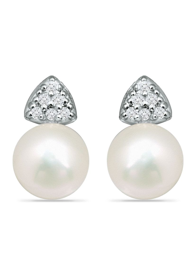 1/10 ct. t.w. Diamond and Freshwater Pearl Stud Earrings, 18K Gold over Silver