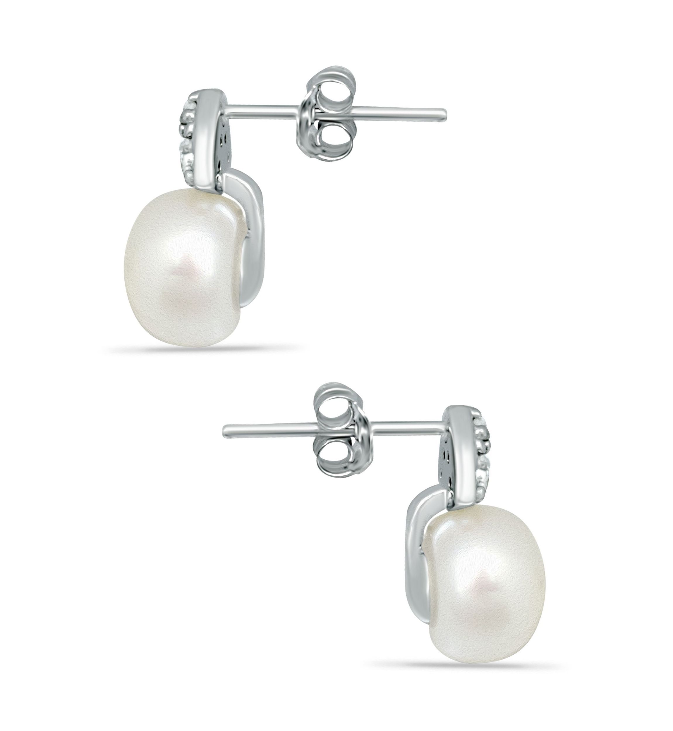 1/10 ct. t.w. Diamond and Freshwater Pearl Stud Earrings, 18K Gold over Silver
