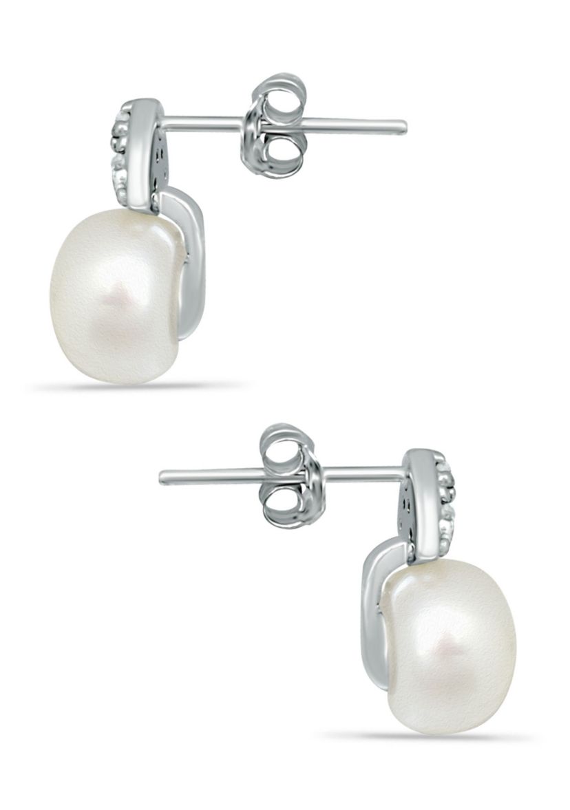1/10 ct. t.w. Diamond and Freshwater Pearl Stud Earrings, 18K Gold over Silver