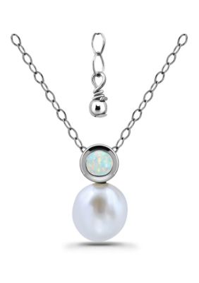 Belk & Co Freshwater Pearl and Bezel Set Round Semi Precious Stone Sterling Silver Pendant, 18 in