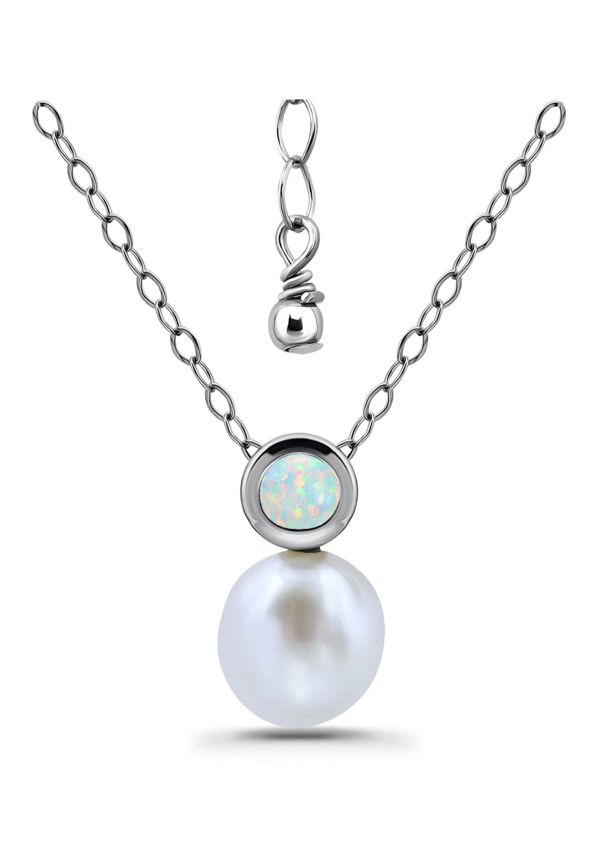 Freshwater Pearl and Bezel Set Round Semi Precious Stone Sterling Silver Pendant