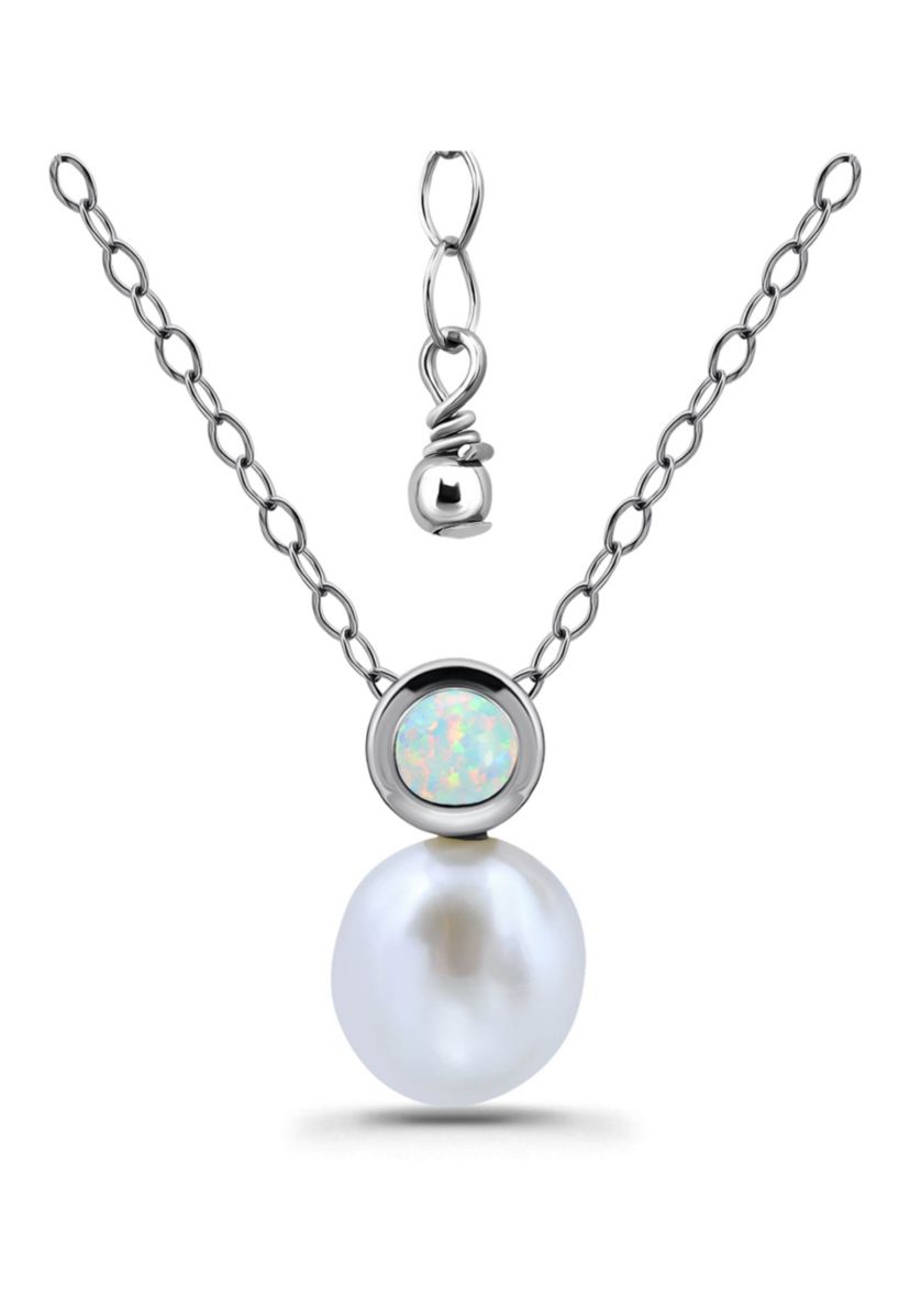 Freshwater Pearl and Bezel Set Round Semi Precious Stone Sterling Silver Pendant