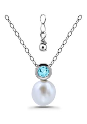 Belk & Co Freshwater Pearl and Bezel Set Round Semi Precious Stone Sterling Silver Pendant, Blue, 18 in