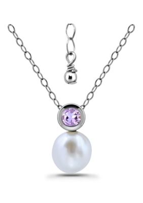 Belk & Co Freshwater Pearl and Bezel Set Round Semi Precious Stone Sterling Silver Pendant, 18 in