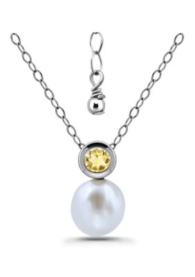 Belk & Co Freshwater Pearl and Bezel Set Round Semi Precious Stone Sterling Silver Pendant, 18 in