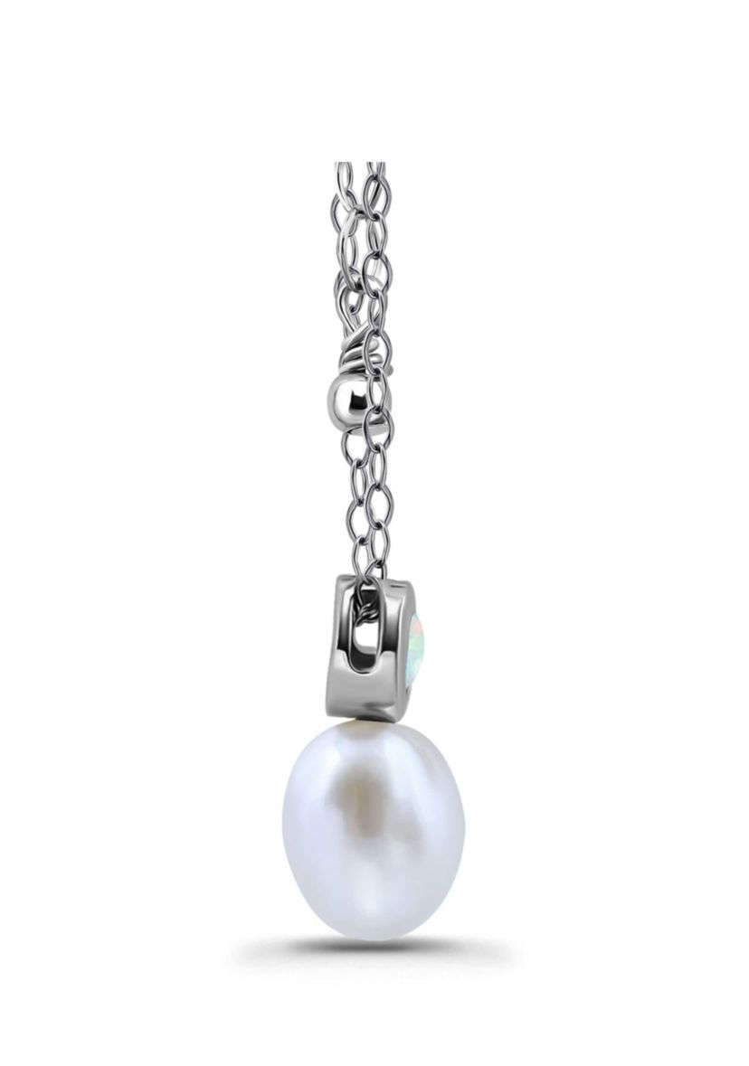 Freshwater Pearl and Bezel Set Round Semi Precious Stone Sterling Silver Pendant