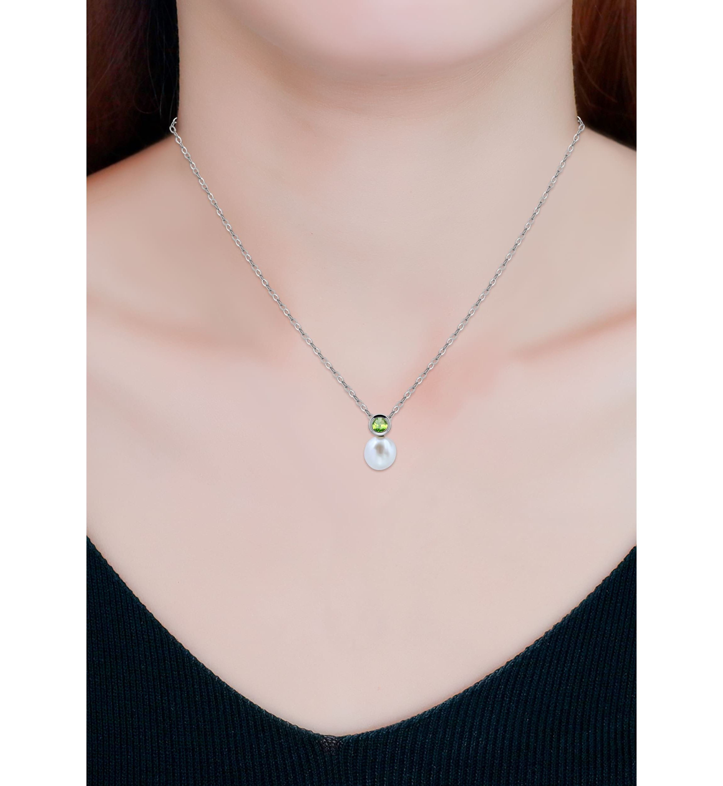 Freshwater Pearl and Bezel Set Round Semi Precious Stone Sterling Silver Pendant