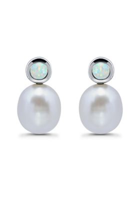 Belk & Co Freshwater Pearl and Bezel Set Round Semi Precious Stone Sterling Silver Post Earrings