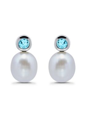 Belk & Co Freshwater Pearl and Bezel Set Round Semi Precious Stone Sterling Silver Post Earrings, Blue