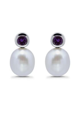 Belk & Co Freshwater Pearl and Bezel Set Round Semi Precious Stone Sterling Silver Post Earrings