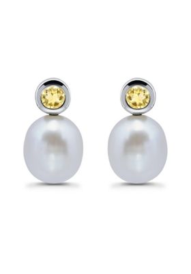Belk & Co Freshwater Pearl and Bezel Set Round Semi Precious Stone Sterling Silver Post Earrings