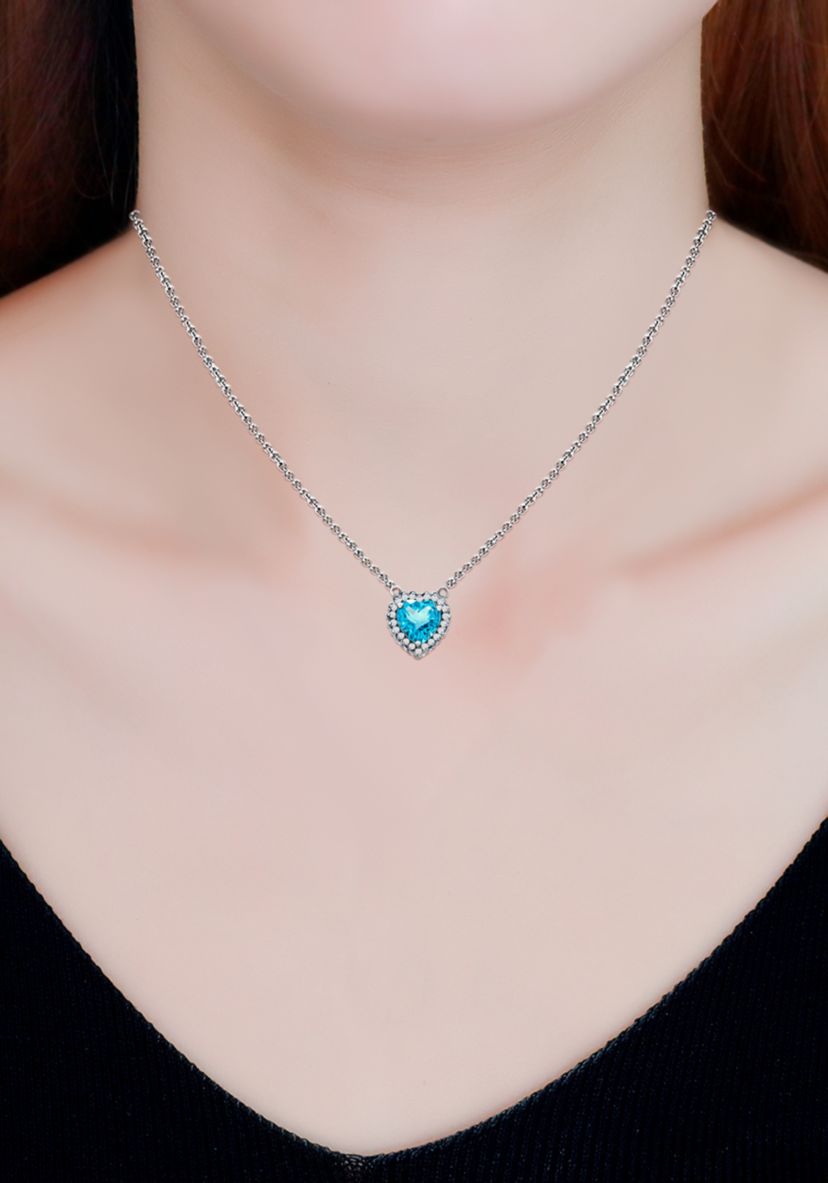 3.06 ct. t.w. Blue Topaz, 1/5 ct. t.w. White Topaz Heart Necklace in Sterling Silver
