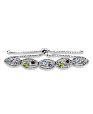 Belk & Co 1 1/2 Cttw 3mm Round Amethyst & Garnet and 5X3 Oval Blue Topaz & Peridot Frontal Agjustable Bracelet, Sterling Silver, DS