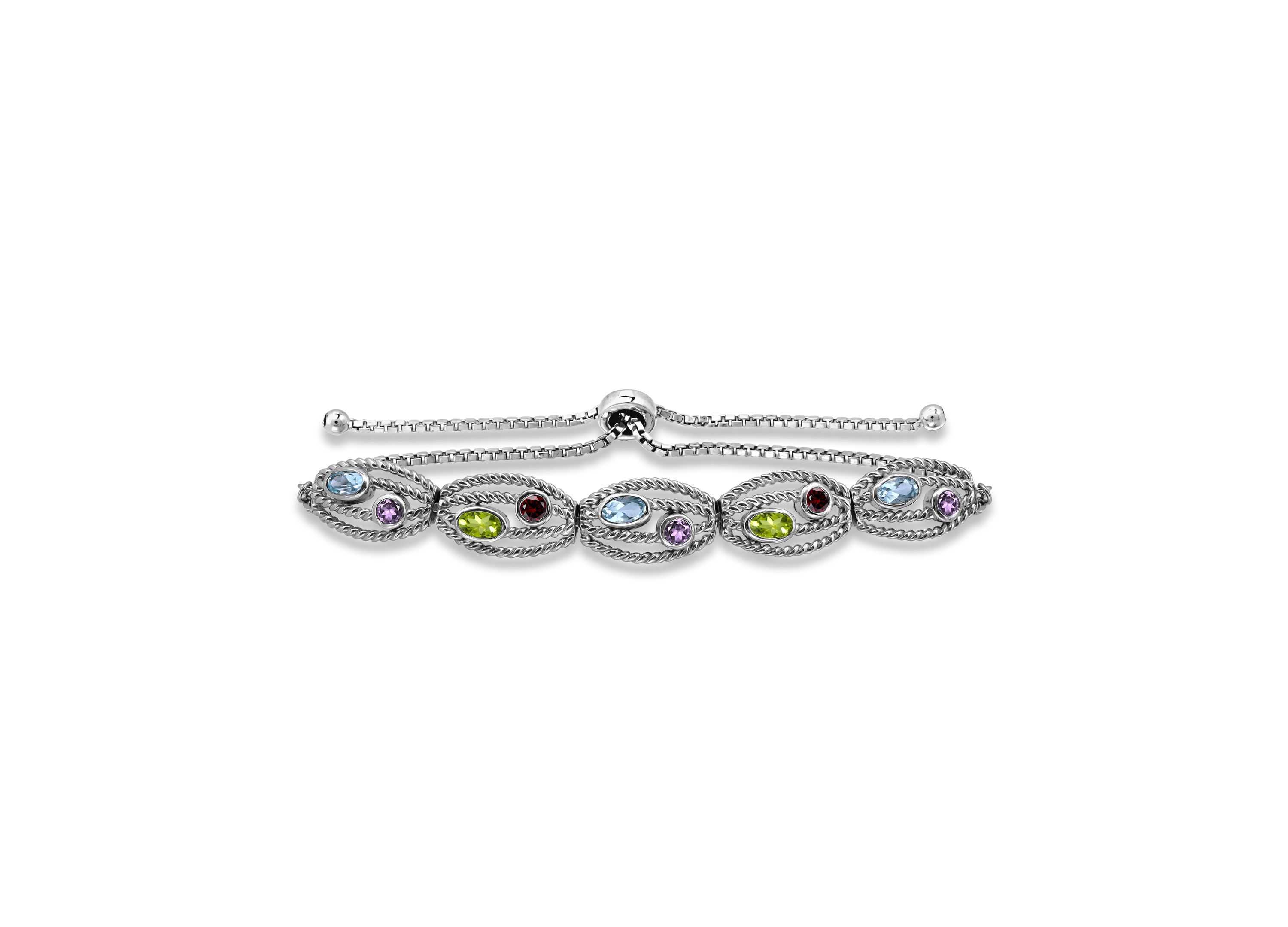 1 1/2 Cttw 3mm Round Amethyst & Garnet and 5X3 Oval Blue Topaz & Peridot Frontal Agjustable Bracelet, Sterling Silver, DS