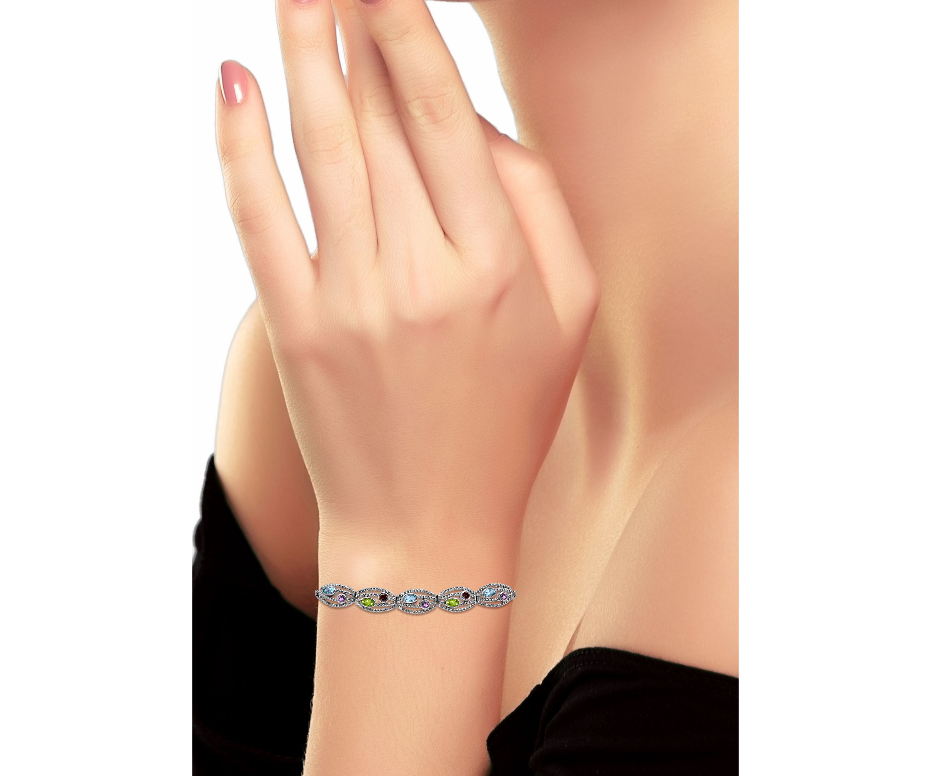 1 1/2 Cttw 3mm Round Amethyst & Garnet and 5X3 Oval Blue Topaz & Peridot Frontal Agjustable Bracelet, Sterling Silver, DS