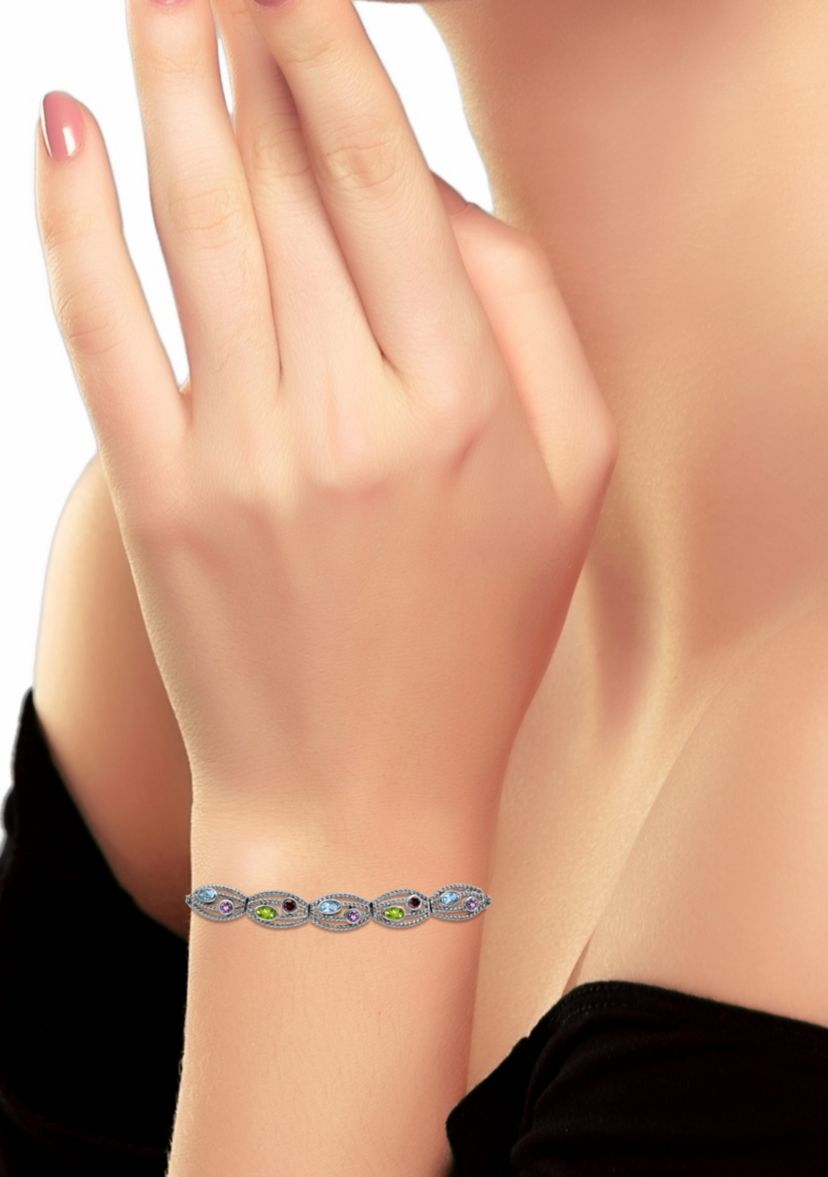 1 1/2 Cttw 3mm Round Amethyst & Garnet and 5X3 Oval Blue Topaz & Peridot Frontal Agjustable Bracelet, Sterling Silver, DS