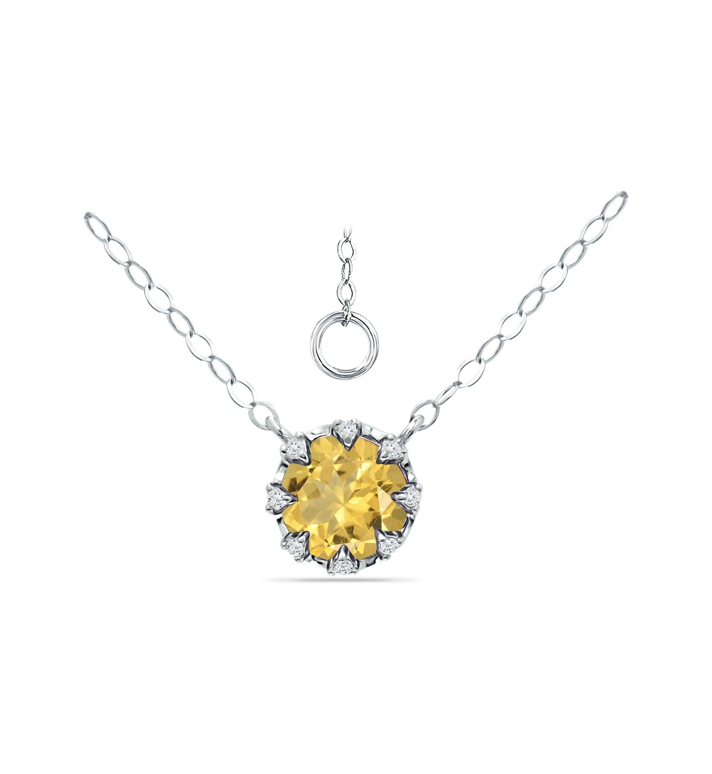 1ct. 7MM Round Citrine and White Topaz Crown Necklace on 16 inch Chain with Extender, Sterling Silver