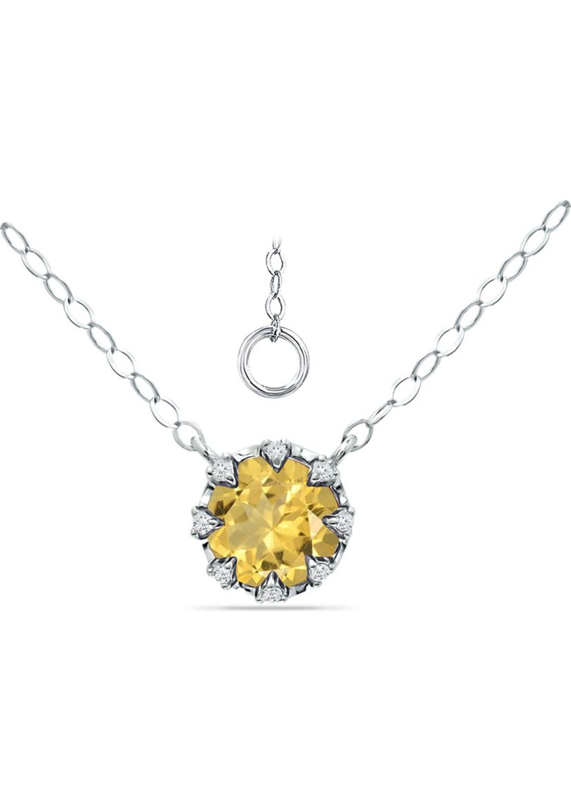 1ct. 7MM Round Citrine and White Topaz Crown Necklace on 16 inch Chain with Extender, Sterling Silver