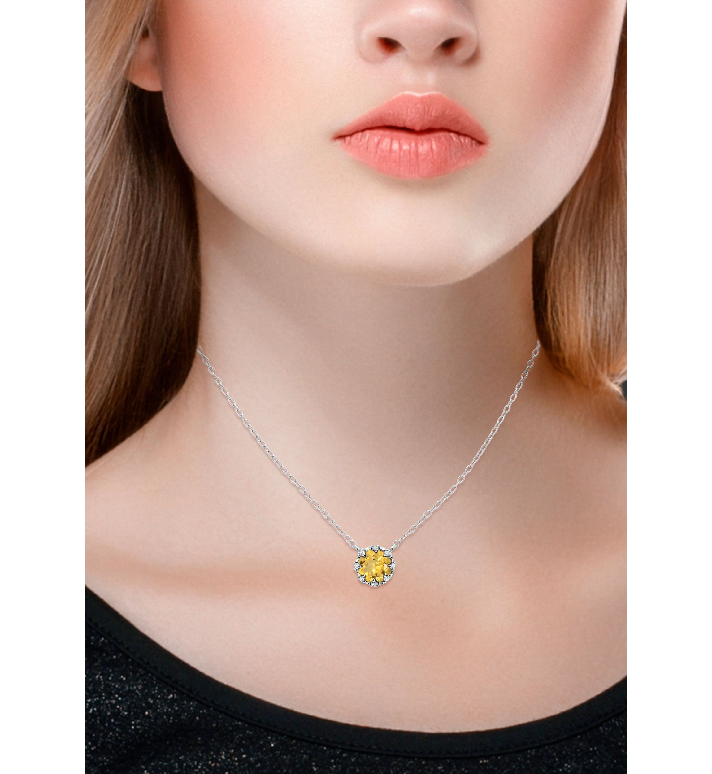 1ct. 7MM Round Citrine and White Topaz Crown Necklace on 16 inch Chain with Extender, Sterling Silver