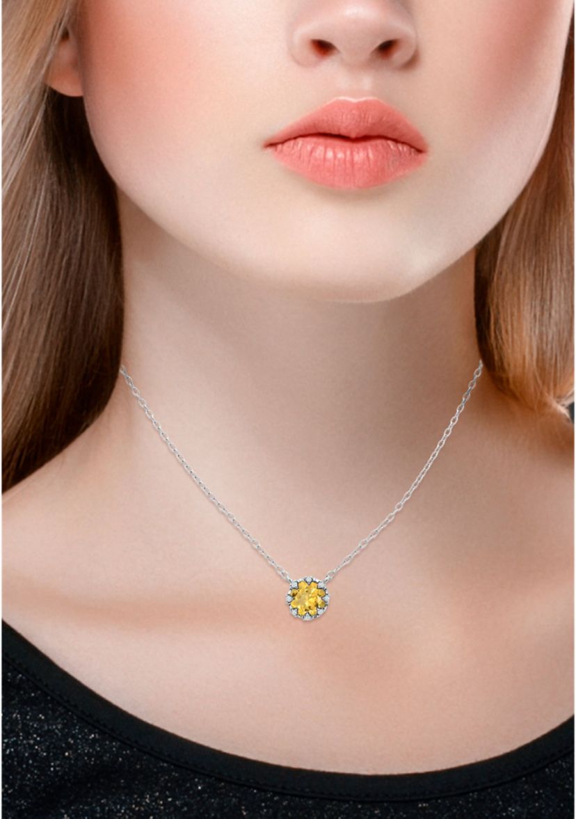 1ct. 7MM Round Citrine and White Topaz Crown Necklace on 16 inch Chain with Extender, Sterling Silver