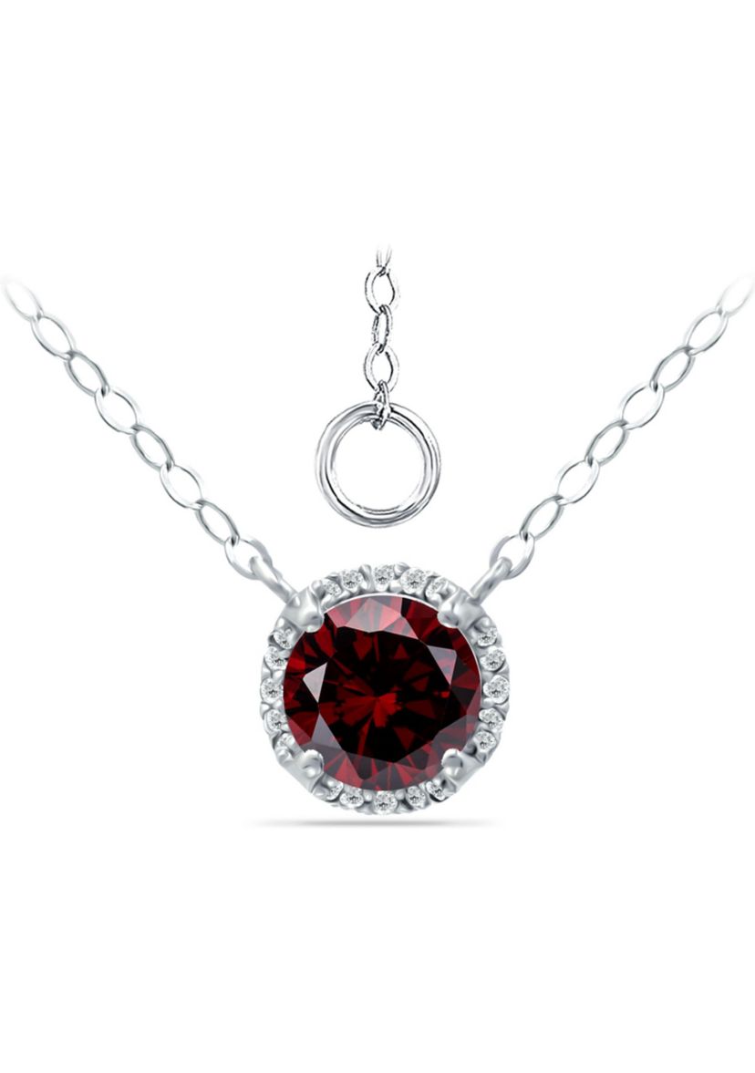 1-1/2 ct. 7MM Round Garnet and White Topaz Hidden Halo Necklace on 16 inch Chain with Extender, Sterling Silver