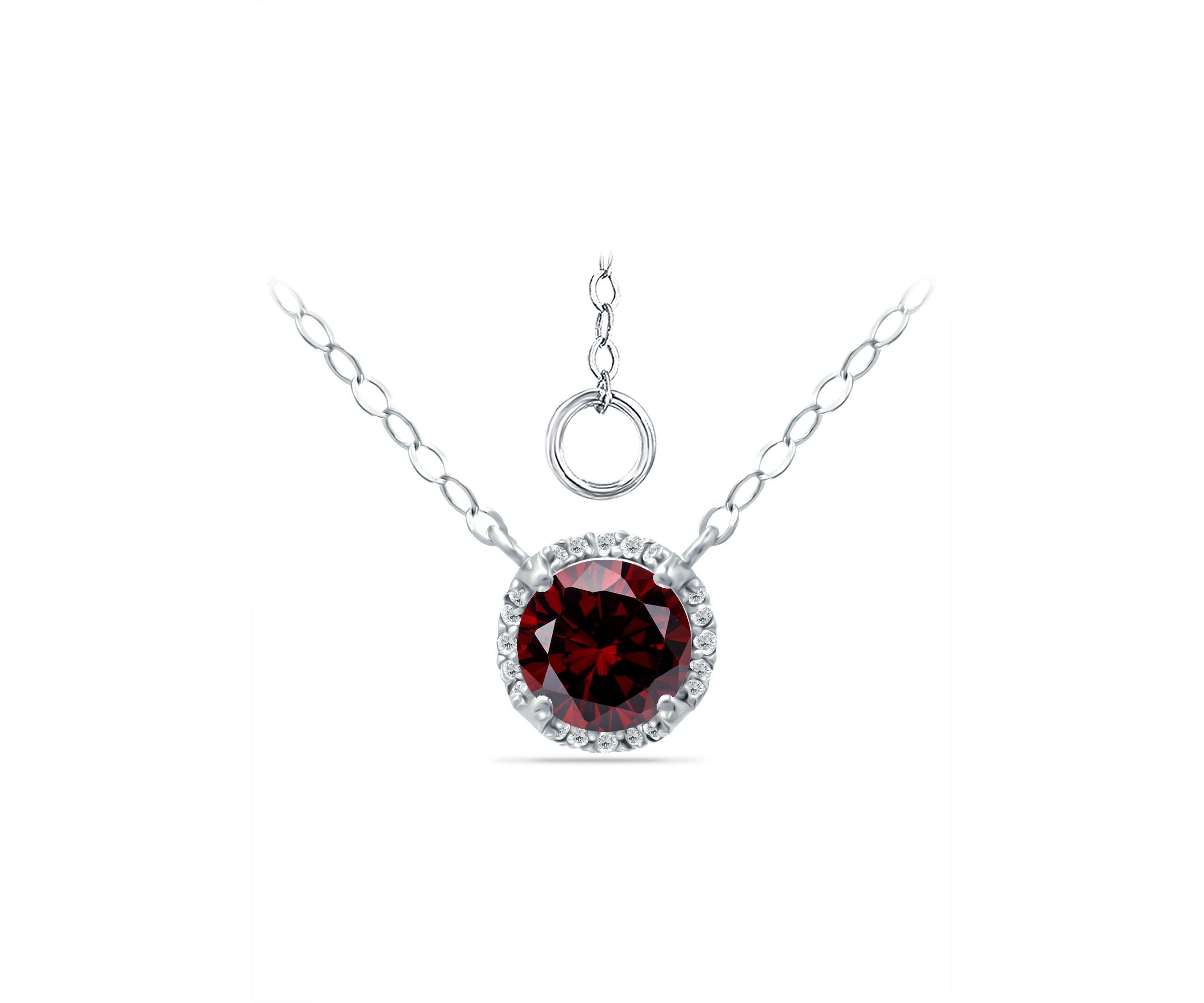 1-1/2 ct. 7MM Round Garnet and White Topaz Hidden Halo Necklace on 16 inch Chain with Extender, Sterling Silver