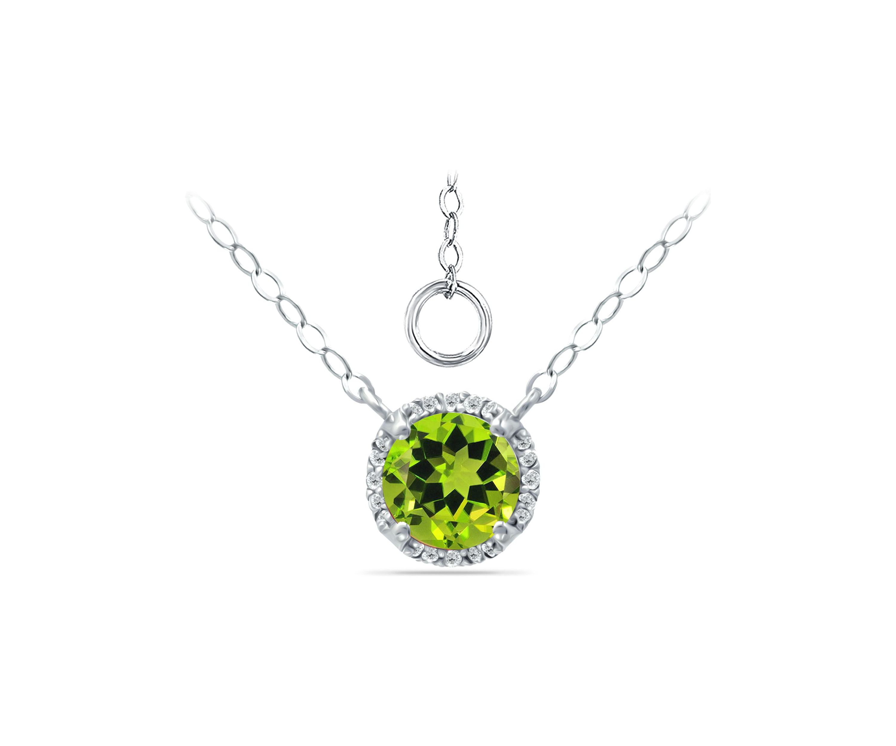 1-1/4 ct. 7MM Round Peridot and White Topaz Hidden Halo Necklace on 16 inch Chain with Extender, Sterling Silver