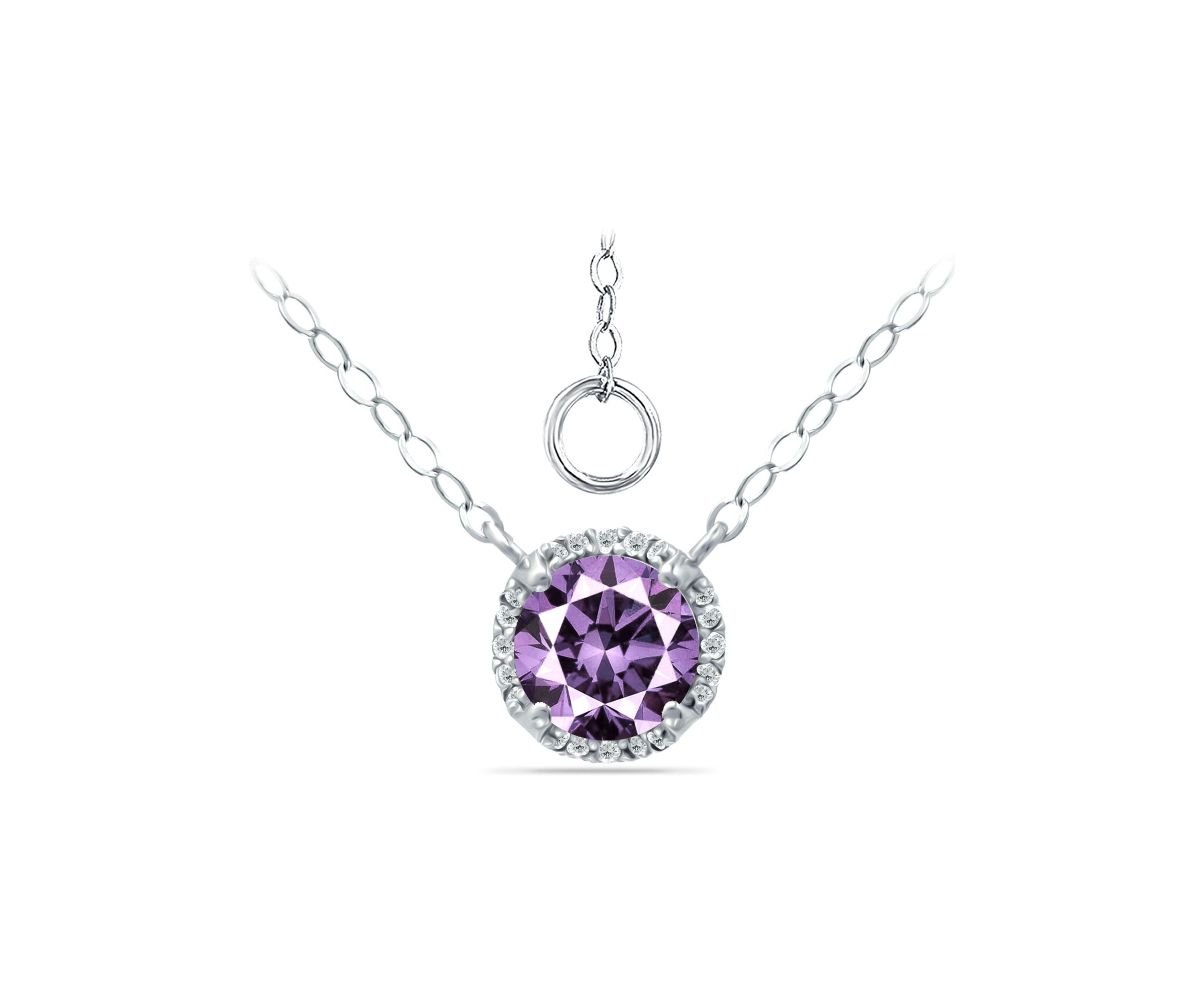 1-1/10 ct. 7MM Round Amethyst and White Topaz Hidden Halo Necklace on 16 inch Chain with Extender, Sterling Silver