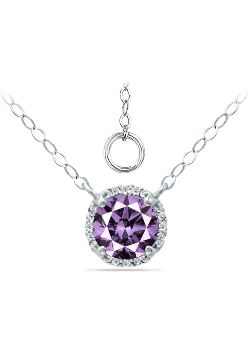 1-1/10 ct. 7MM Round Amethyst and White Topaz Hidden Halo Necklace on 16 inch Chain with Extender, Sterling Silver