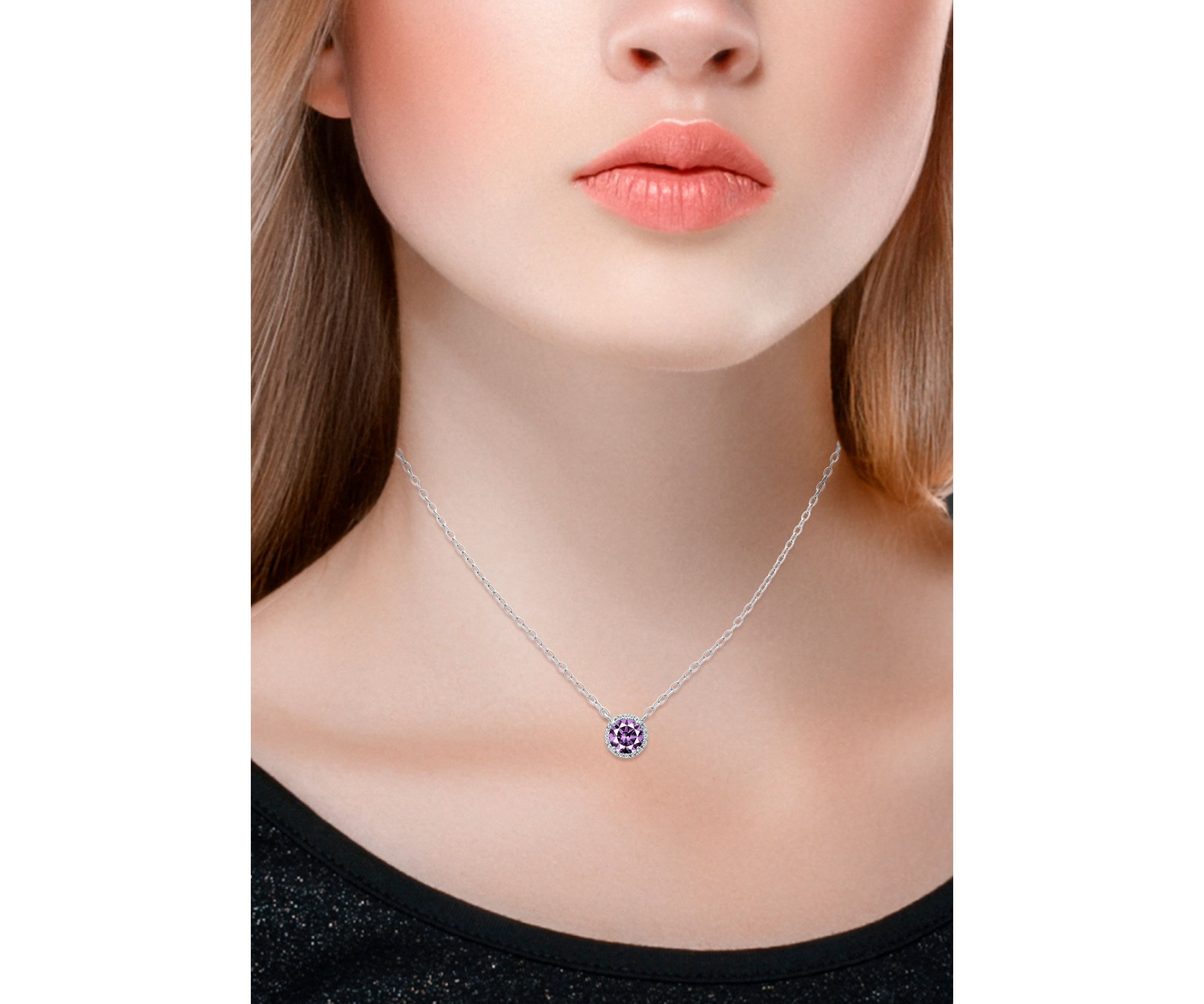 1-1/10 ct. 7MM Round Amethyst and White Topaz Hidden Halo Necklace on 16 inch Chain with Extender, Sterling Silver