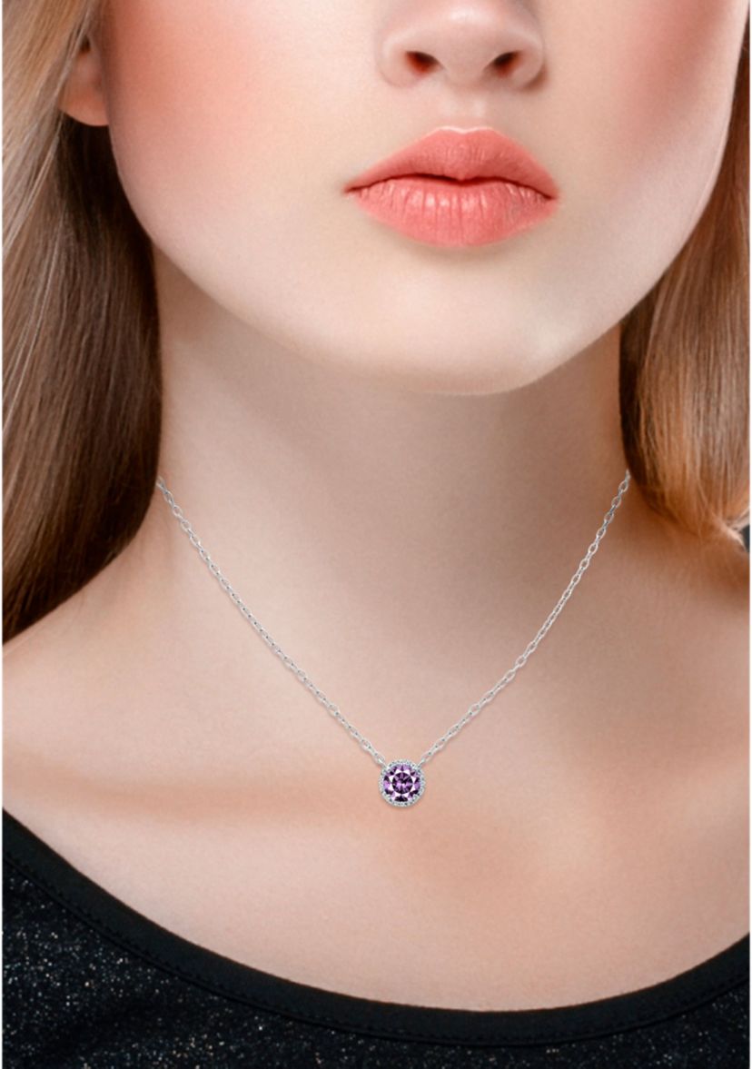 1-1/10 ct. 7MM Round Amethyst and White Topaz Hidden Halo Necklace on 16 inch Chain with Extender, Sterling Silver