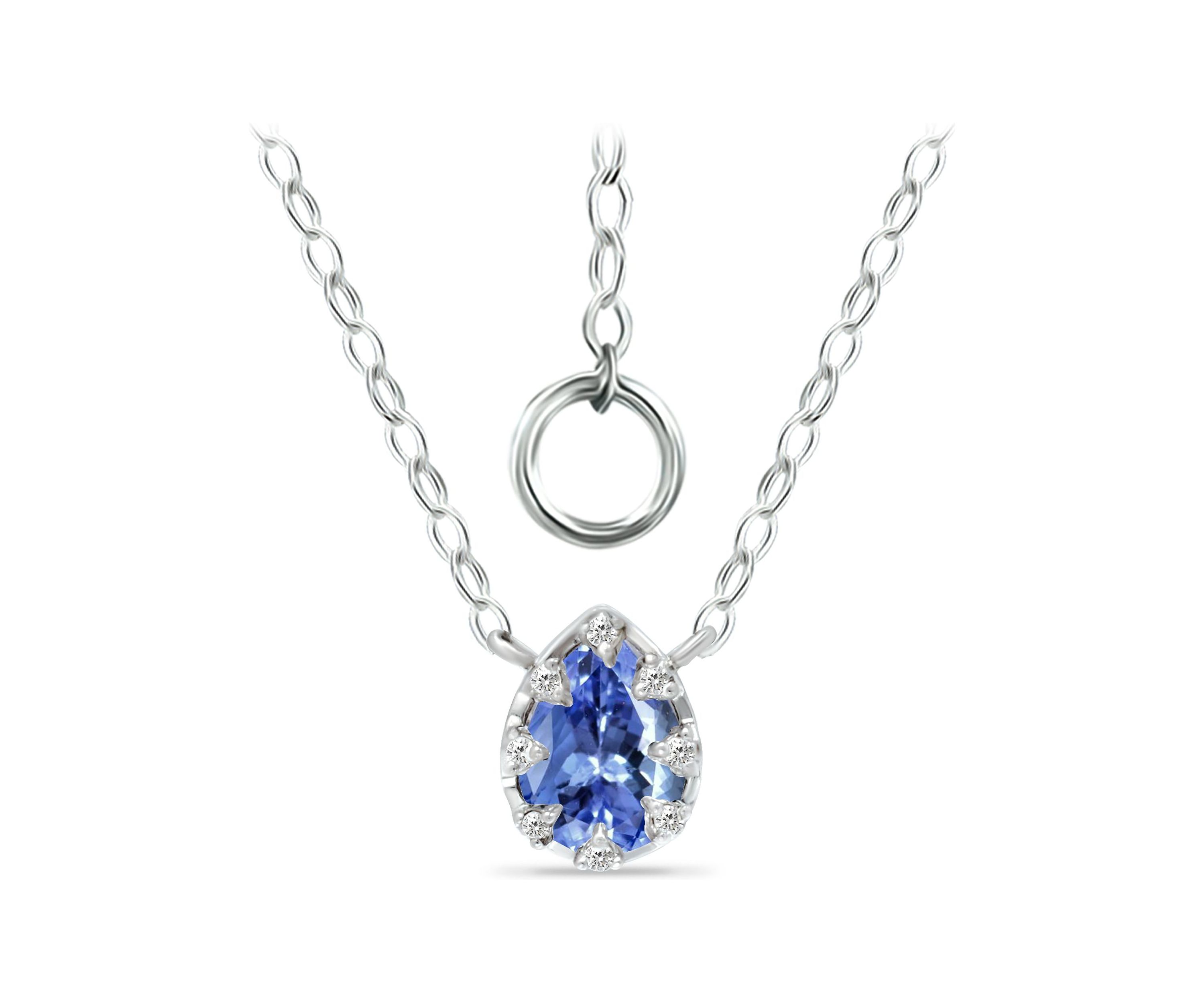 1/3 ct. 5MM Pear Tanzanite and White Topaz Crown  Necklace on 16 inch Chain with Extender, Sterling Silver