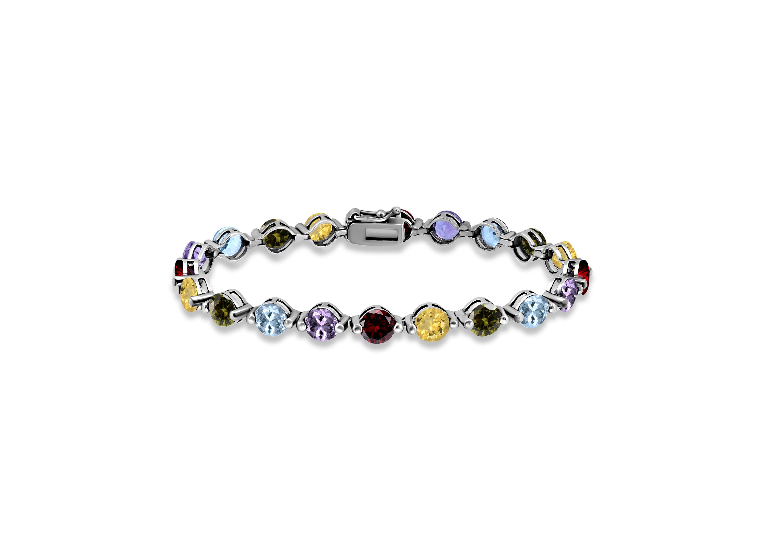 15 Cttw 5mm Round Garnet, Amethyst, Blue Topaz, Peridot & Garnet 20 Stone Link Bracelet, Sterling Silver, DS