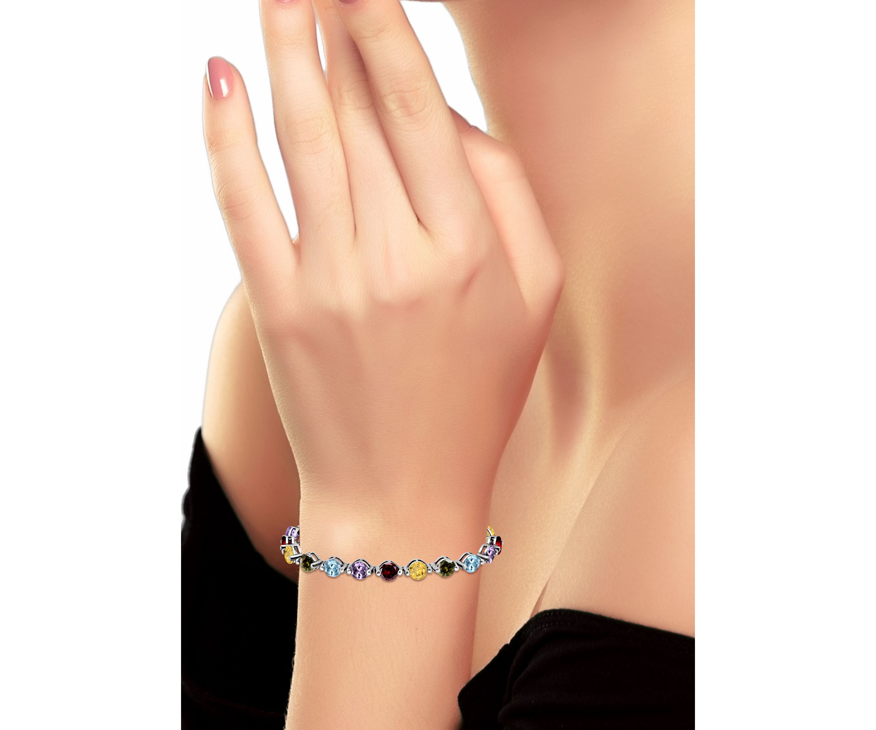 15 Cttw 5mm Round Garnet, Amethyst, Blue Topaz, Peridot & Garnet 20 Stone Link Bracelet, Sterling Silver, DS