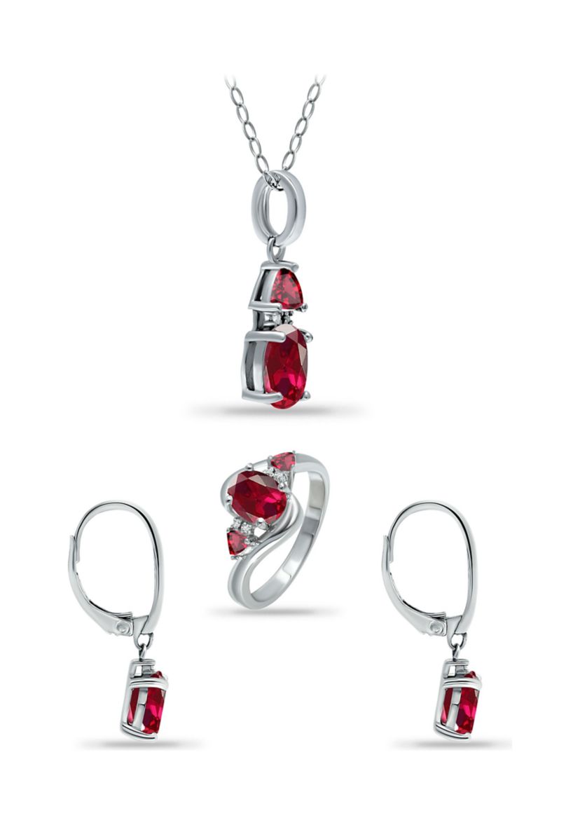 Lab Created 5.78 ct. Created Pink Sapphire and Diamond Pendant Necklace, Ring and Drop Earrings, 3pc Set, Sterling Silver
