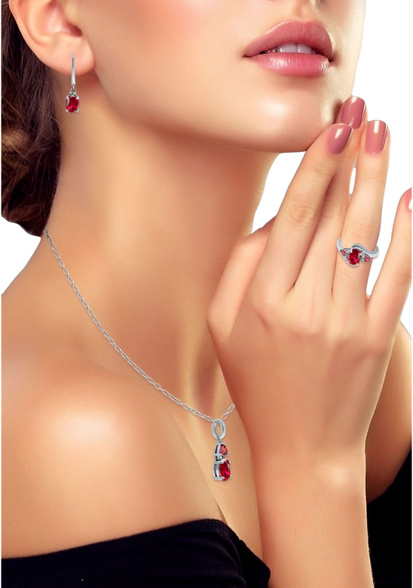 Lab Created 5.78 ct. Created Pink Sapphire and Diamond Pendant Necklace, Ring and Drop Earrings, 3pc Set, Sterling Silver