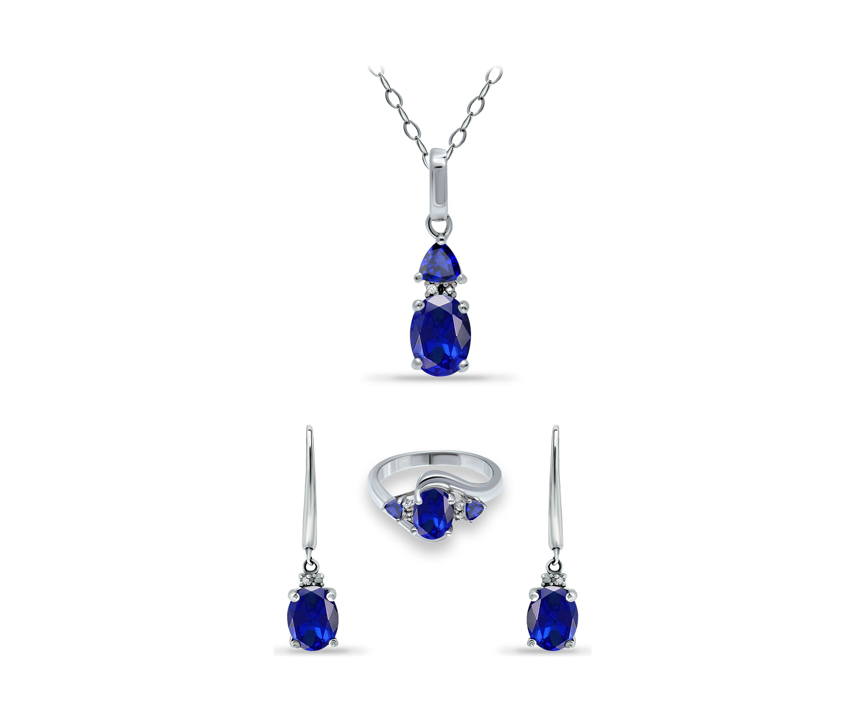 Lab Created 5.12 ct. Nano Blue Sapphire and Diamond Pendant Necklace, Ring and Drop Earrings, 3pc Set, Sterling Silver
