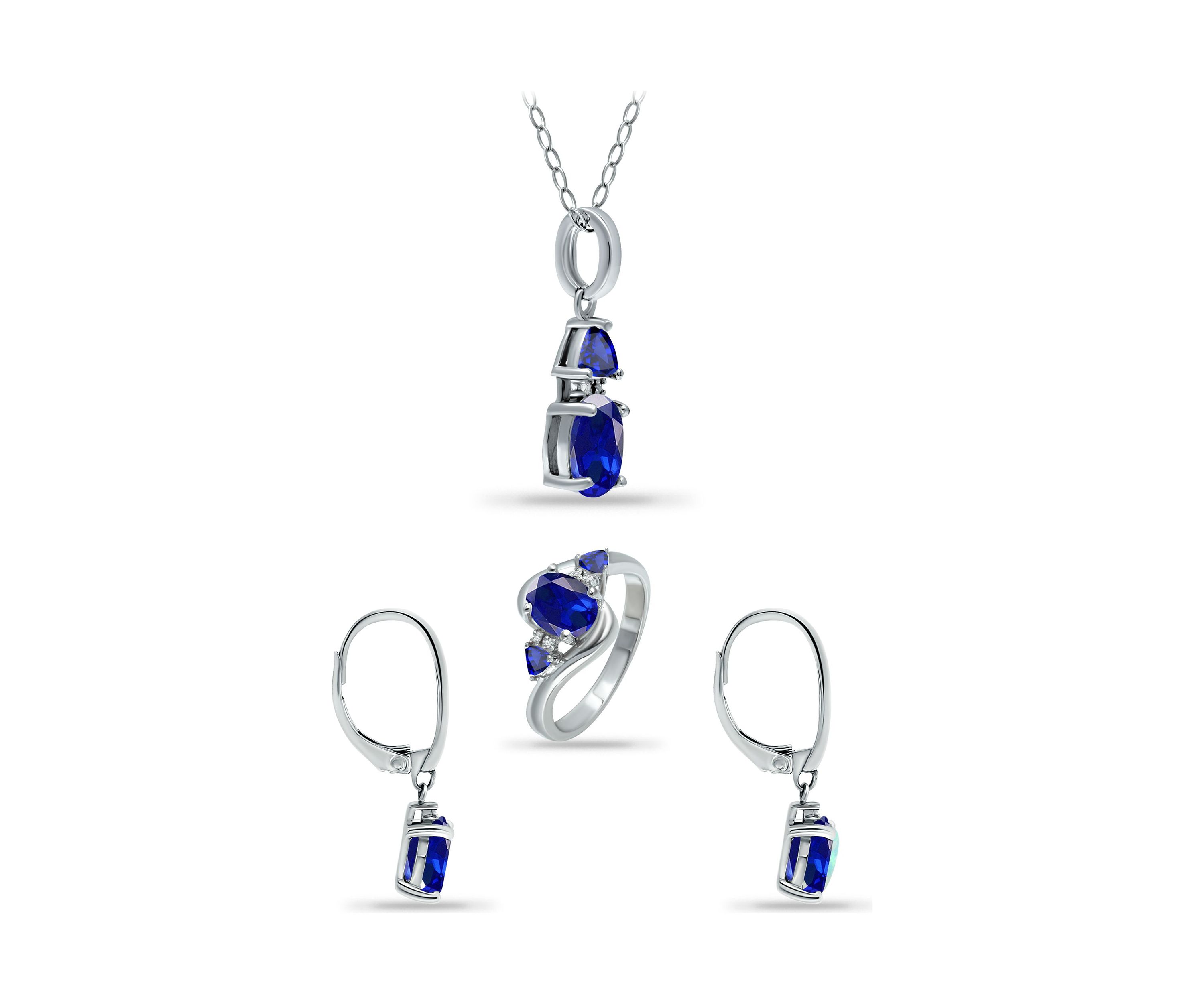 Lab Created 5.12 ct. Nano Blue Sapphire and Diamond Pendant Necklace, Ring and Drop Earrings, 3pc Set, Sterling Silver