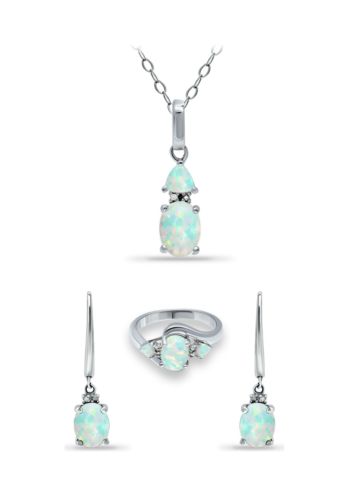 Lab Created 2.13 ct. Synthetic Opal and Diamond Pendant Necklace, Ring and Drop Earrings, 3pc Set, Sterling Silver