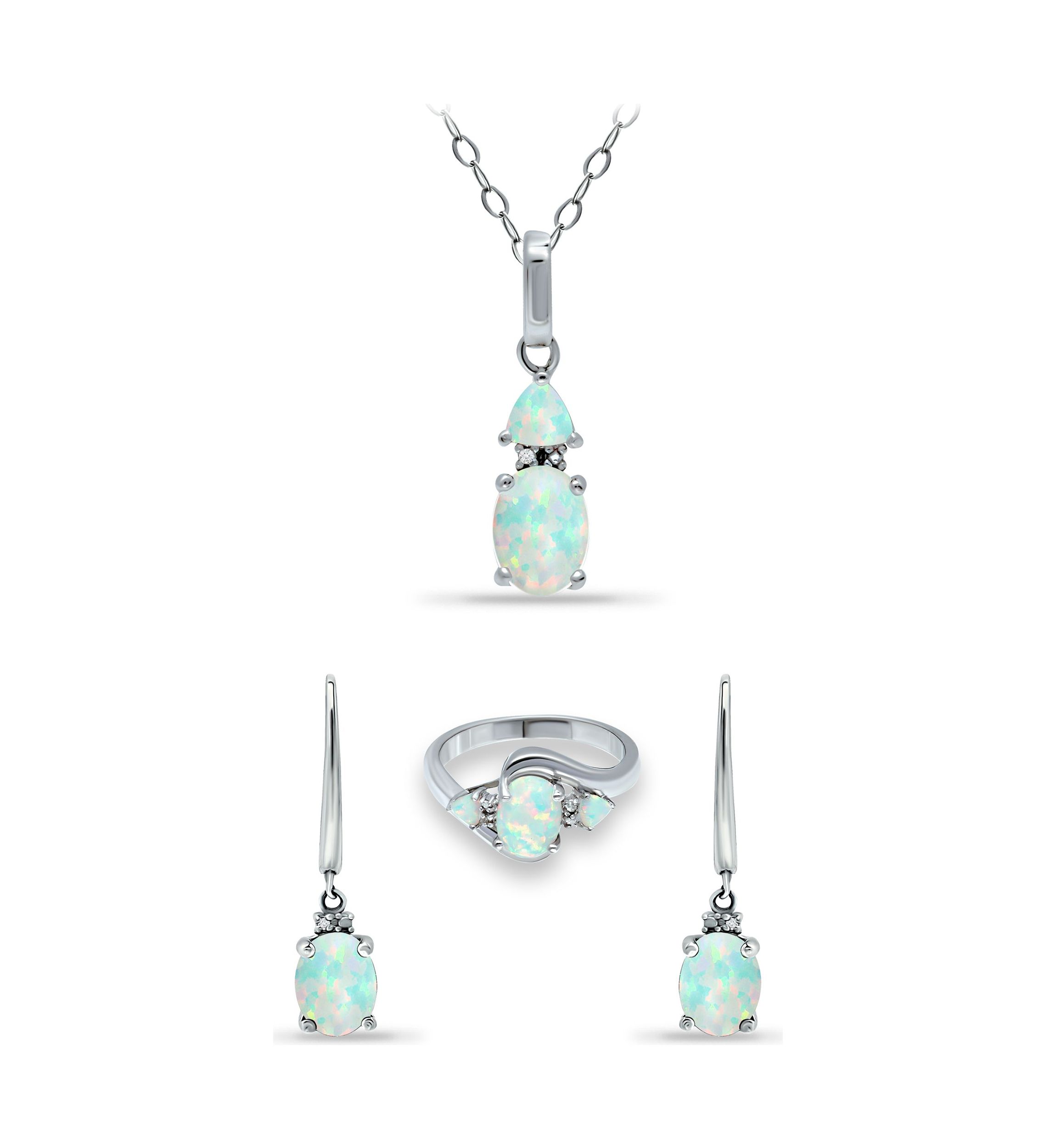 Lab Created 2.13 ct. Synthetic Opal and Diamond Pendant Necklace, Ring and Drop Earrings, 3pc Set, Sterling Silver