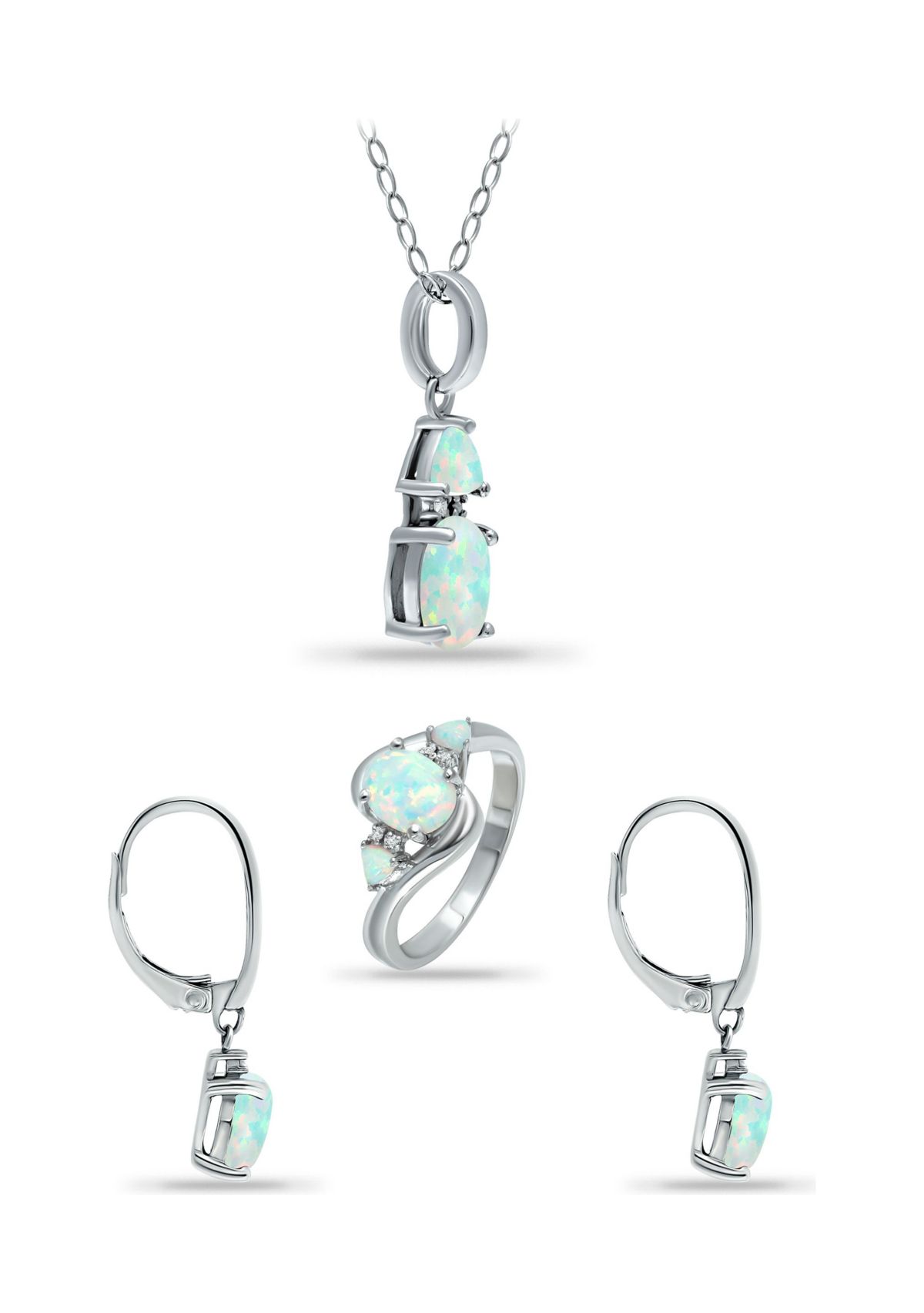 Lab Created 2.13 ct. Synthetic Opal and Diamond Pendant Necklace, Ring and Drop Earrings, 3pc Set, Sterling Silver