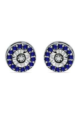 Belk & Co 1/2 Ct. T.w. Sapphire And 1/10 Ct. T.w. Diamond Halo Stud Earrings In Sterling Silver