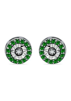 Belk & Co 3/8 Ct. T.w. Emerald And 1/10 Ct. T.w. Diamond Halo Stud Earrings In Sterling Silver