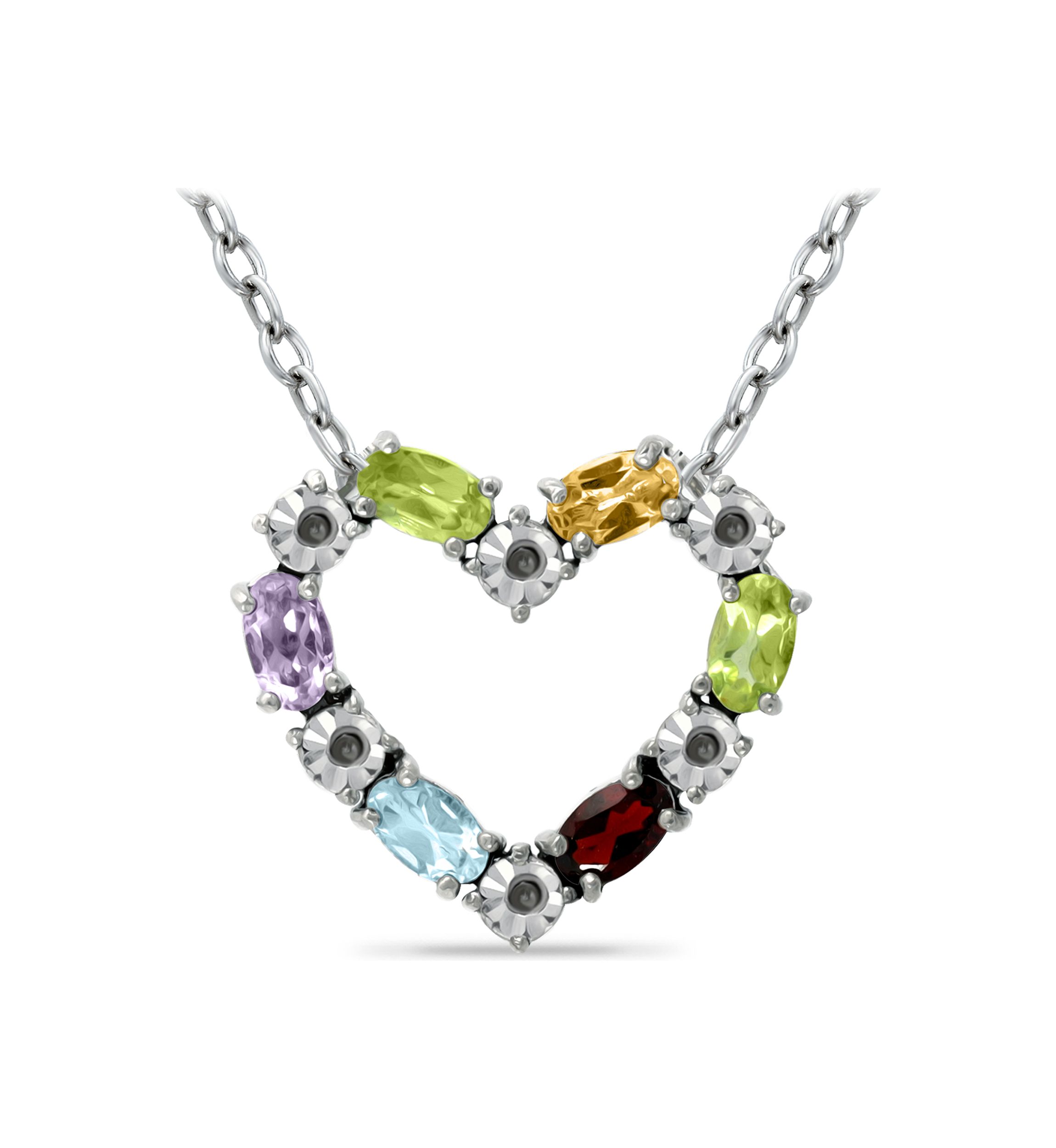 1.34 ct. t.w. Multi Gemstone and Diamond Heart Necklace, Sterling Silver