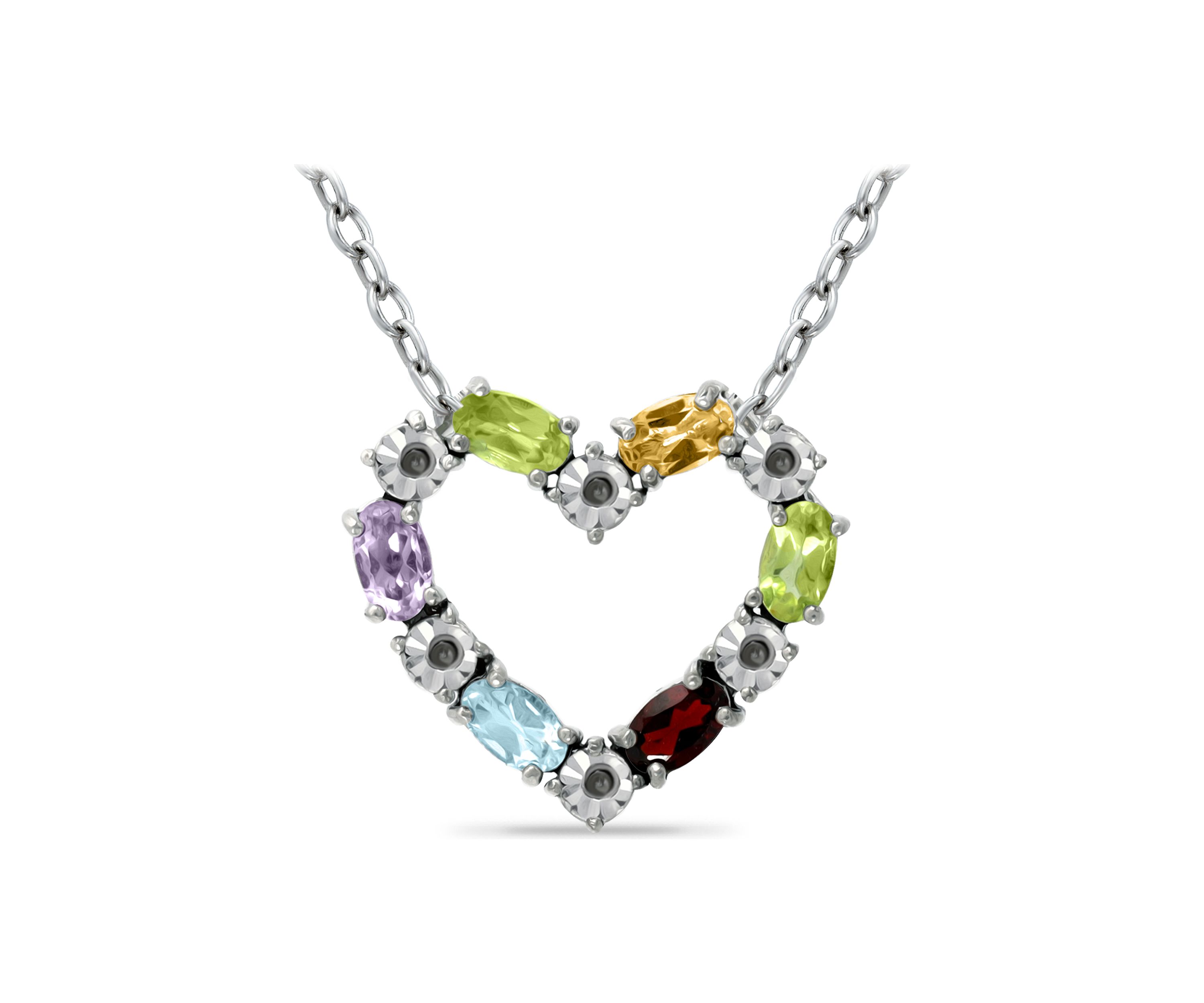 1.34 ct. t.w. Multi Gemstone and Diamond Heart Necklace, Sterling Silver