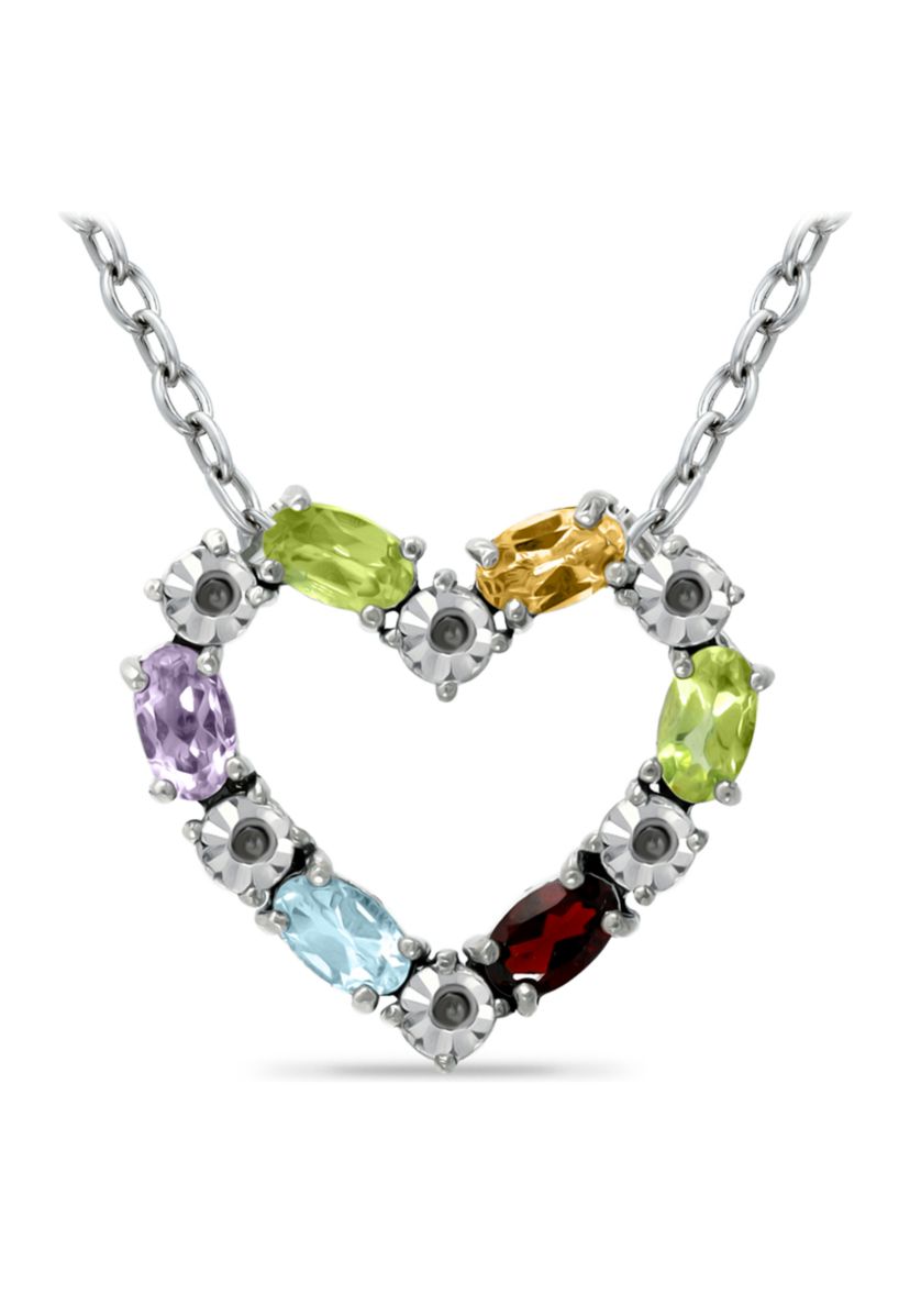 1.34 ct. t.w. Multi Gemstone and Diamond Heart Necklace, Sterling Silver