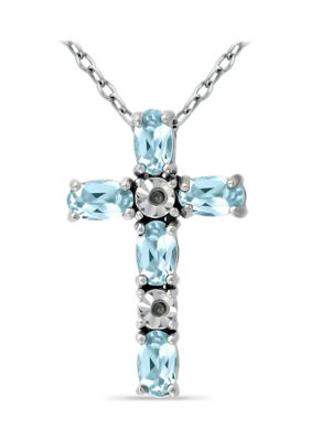 Belk & Co 1.26 ct. t.w. Blue Topaz and Diamond Cross Necklace, Sterling Silver