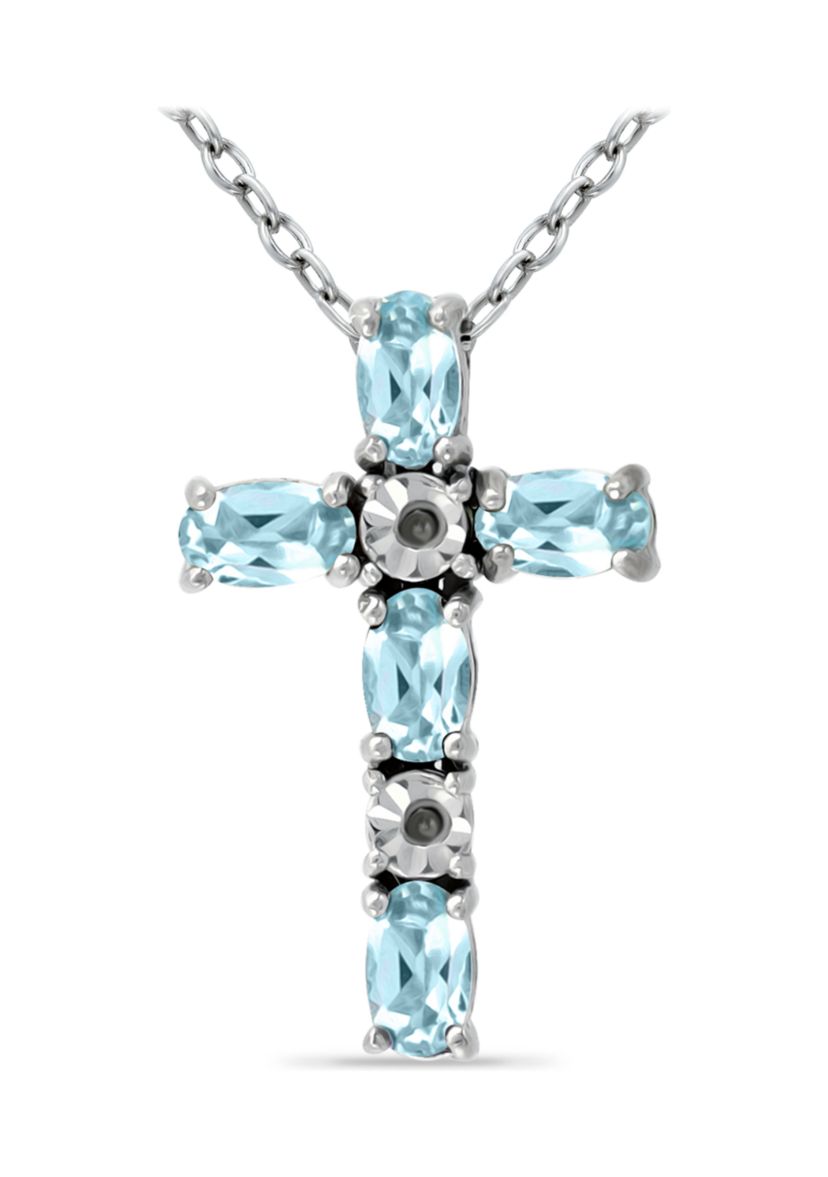 1.26 ct. t.w. Blue Topaz and Diamond Cross Necklace, Sterling Silver